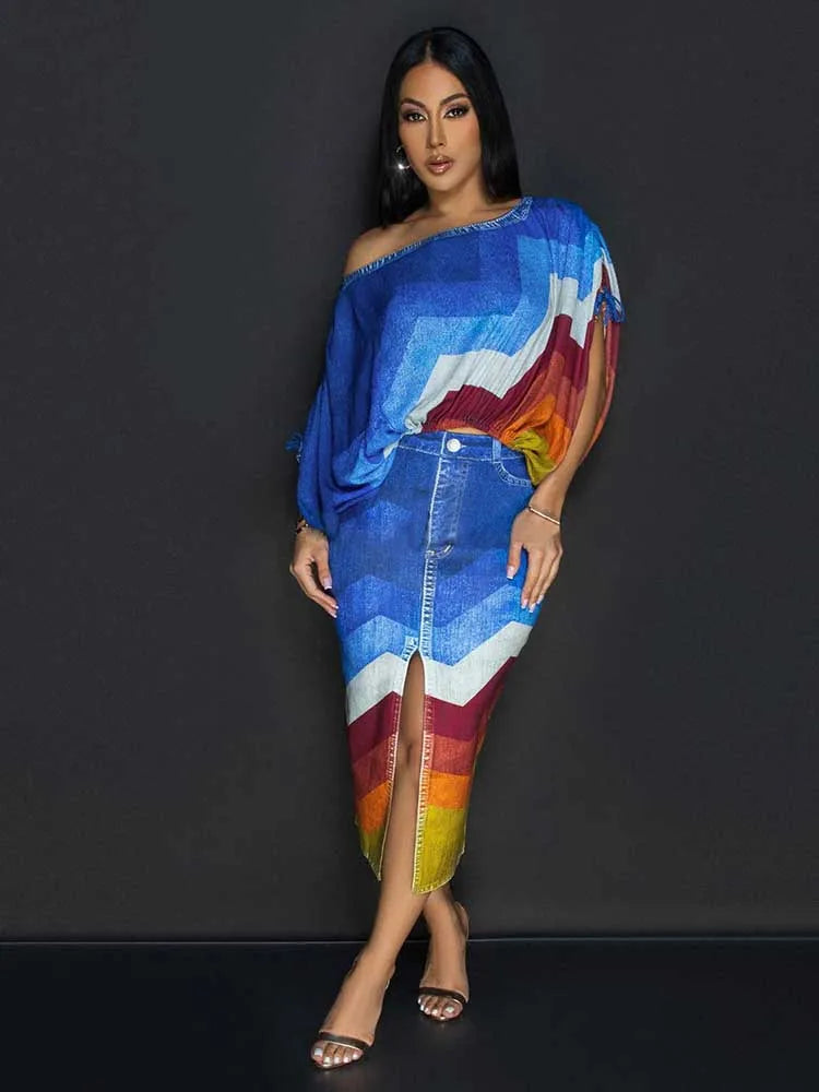 Mock Denim Striped Colorblock Slash Neck Women's Long Sleeve Crop Top + Open High Slit Skirt 2-Piece Set