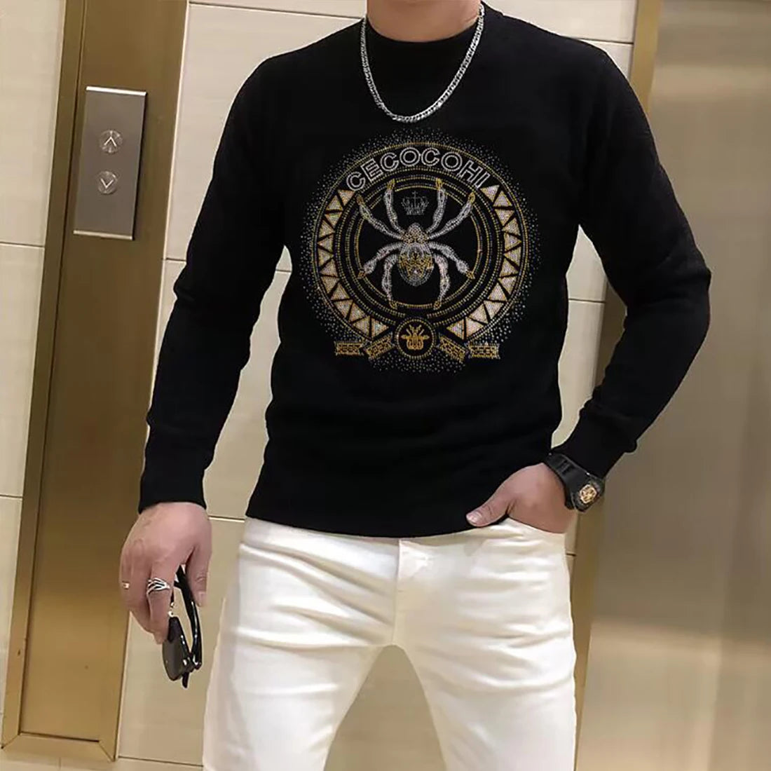Men's Black Hip-Hop Rhinestone Gold Leopard/Tiger/Tarantula Rhinestone NY Symbol Printed Long Sleeve Sweater