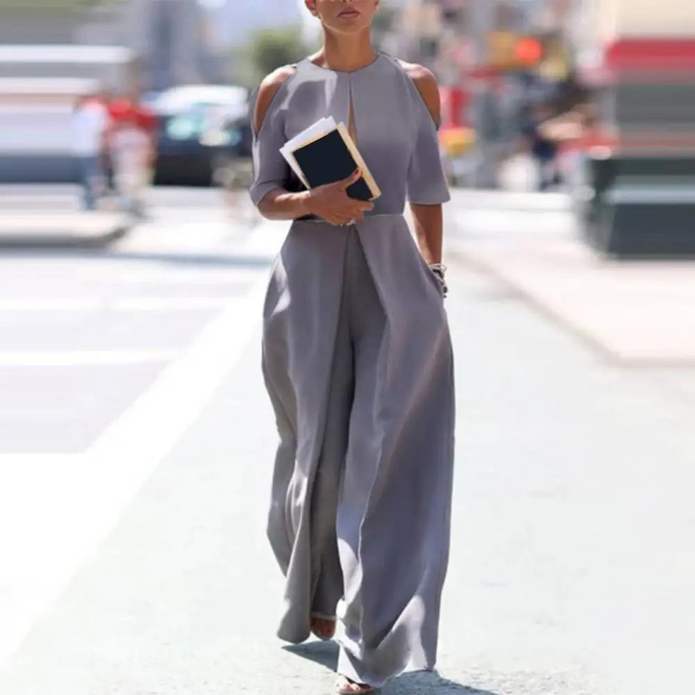Open Slit Cold Shoulder Layered 1/2 Sleeve Hollow-Out Solid Color Women's Wide Leg Formal Party Jumpsuit
