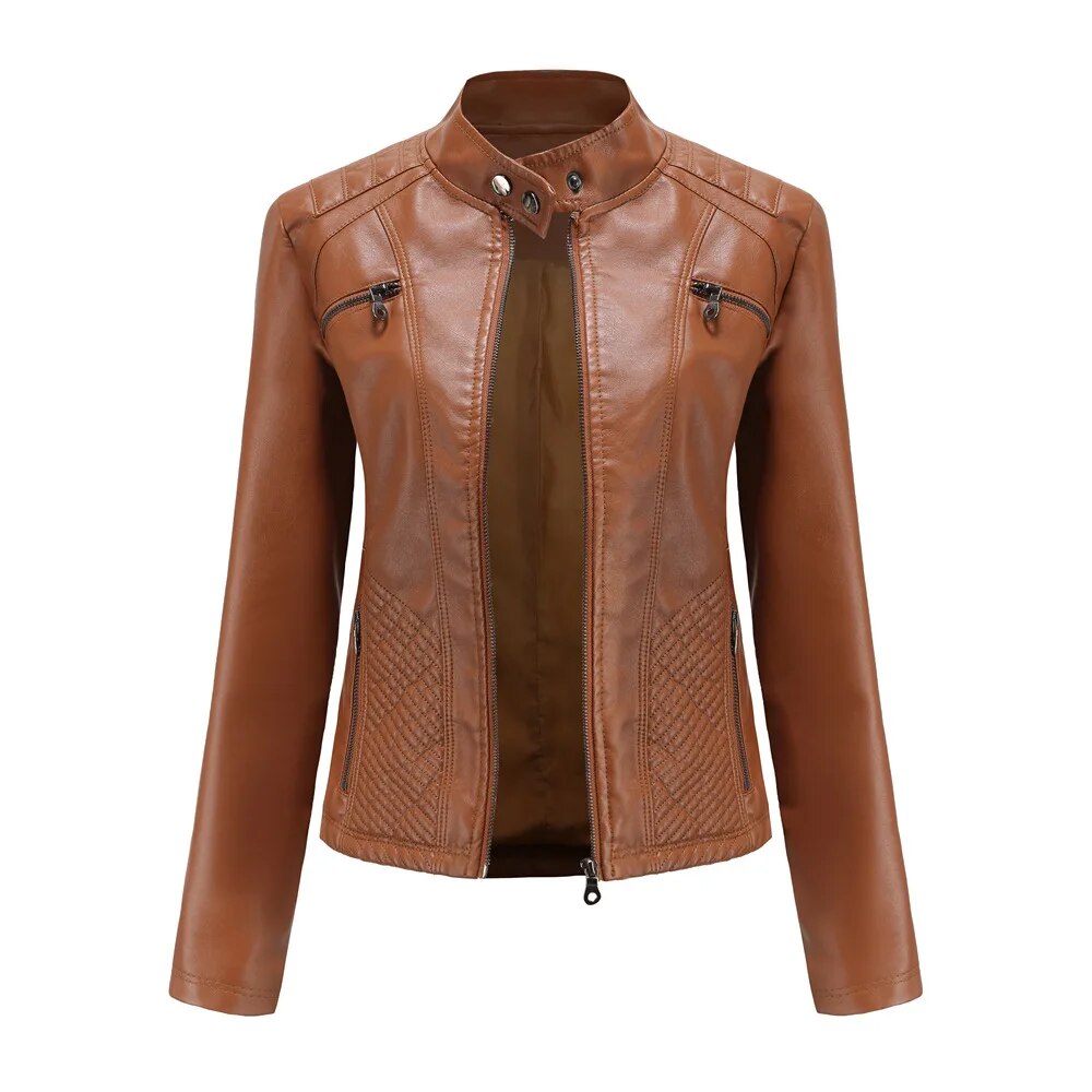 Women's PU Leather Motorcycle Biker Zipper Jacket