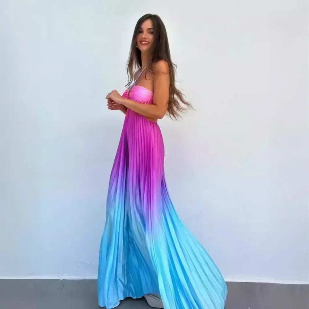 Gradient Colorblock Sleeveless Pleated Cut-Out Backless Maxi Beach Dress
