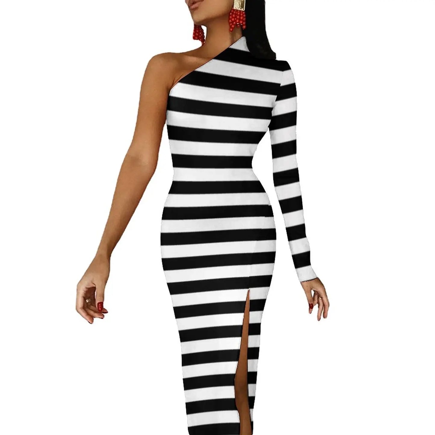 Striped/Rainbow Striped/American Flag Print One Sleeve Asymmetrical Bodycon Midi Dresses