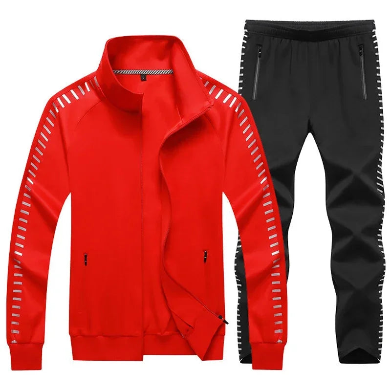Men's Mandarin Collar Side Striped Sleeve Sport Zipper Jacket + Sweatpants Tracksuit