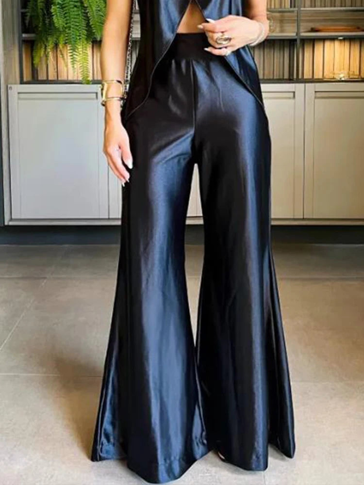 Satin Sleeveless Tank Split Hem Top + Wide Leg Pants 2-Piece Sets