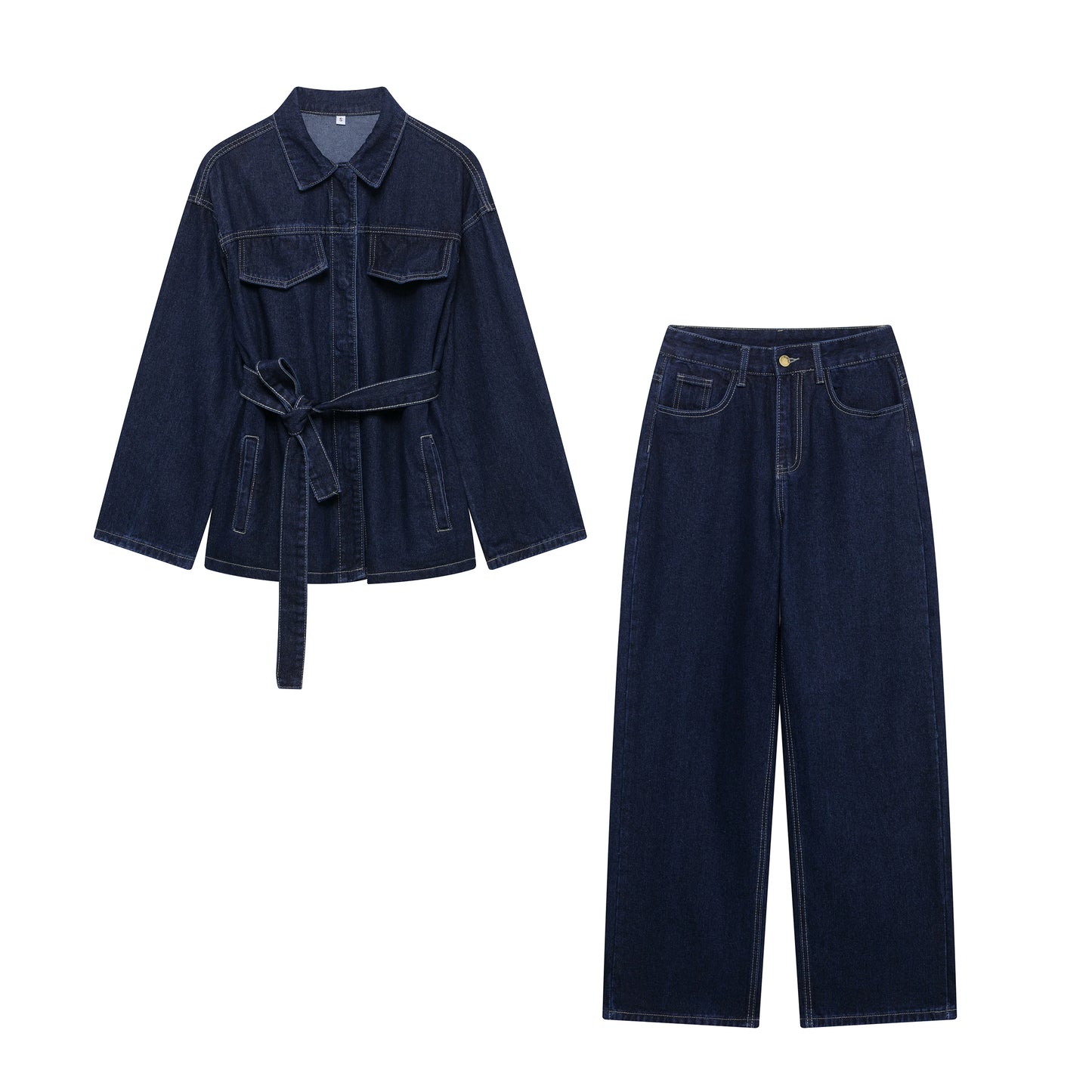 Denim Dark Blue Turn-Down Collar Women's Sash Belted Jean Jacket + Matching  Jeans Pants 2-Piece Set