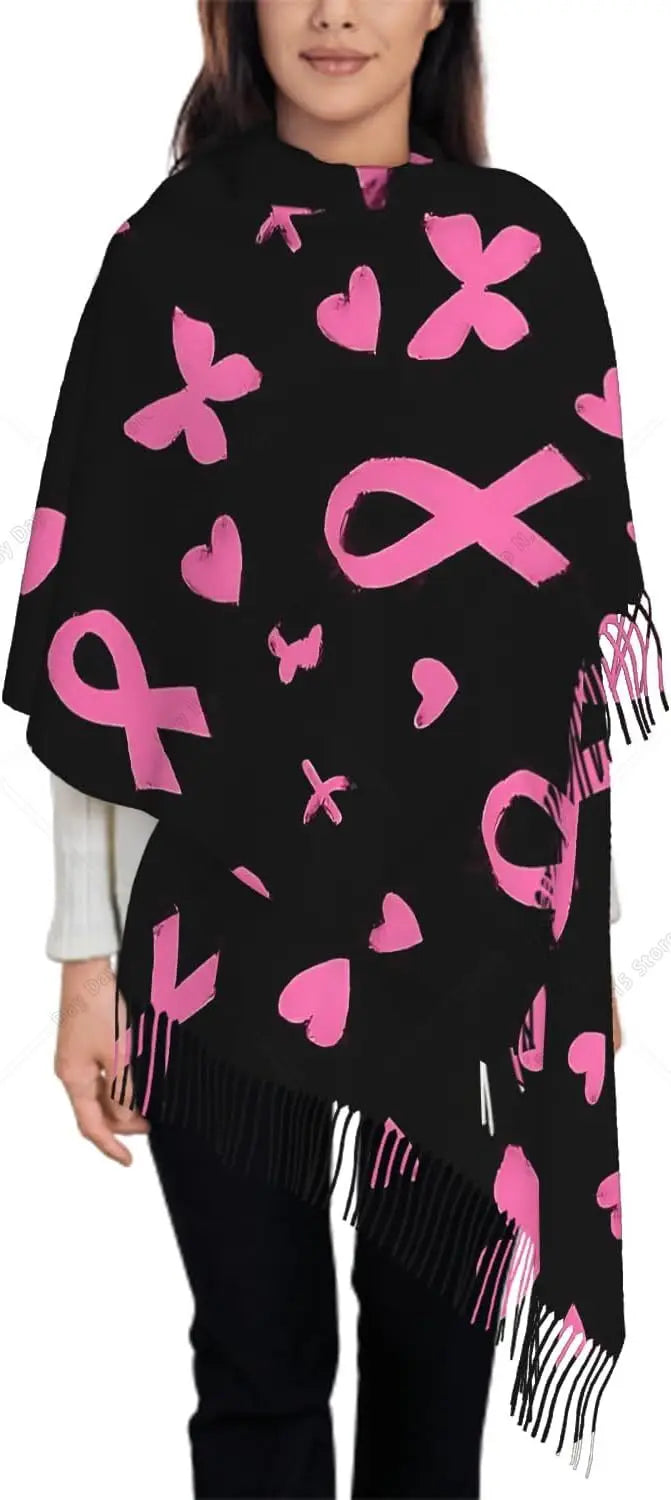 Oversized Heart Breast Cancer Awareness Pink Ribbon Print Tassel Fringe Shawl Scarf