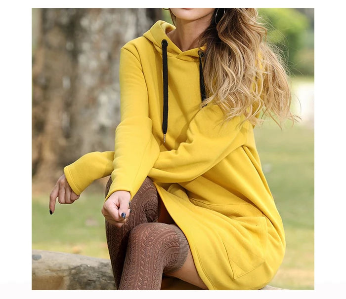 Oversized Pullover Drawstring Solid Color Knee-Length Hoodie Sweatshirt Dress to 3X Plus Size