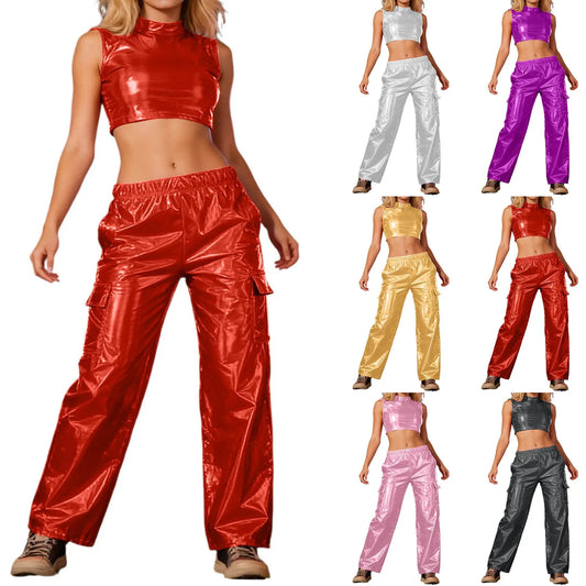 Faux Leather Metallic Solid Color Holographic Crop Vest Top + Elastic Waist Cargo Pants Women's 2-Piece Set