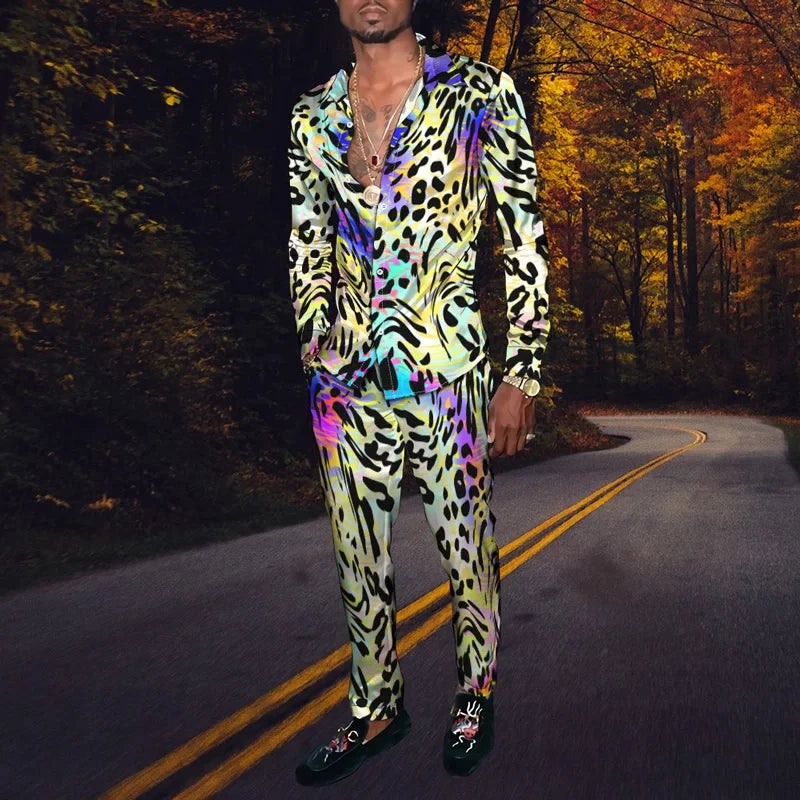 Men's Casual 3D Print Long Sleeve Dress Shirt - Pants Matching 2-Piece Sets