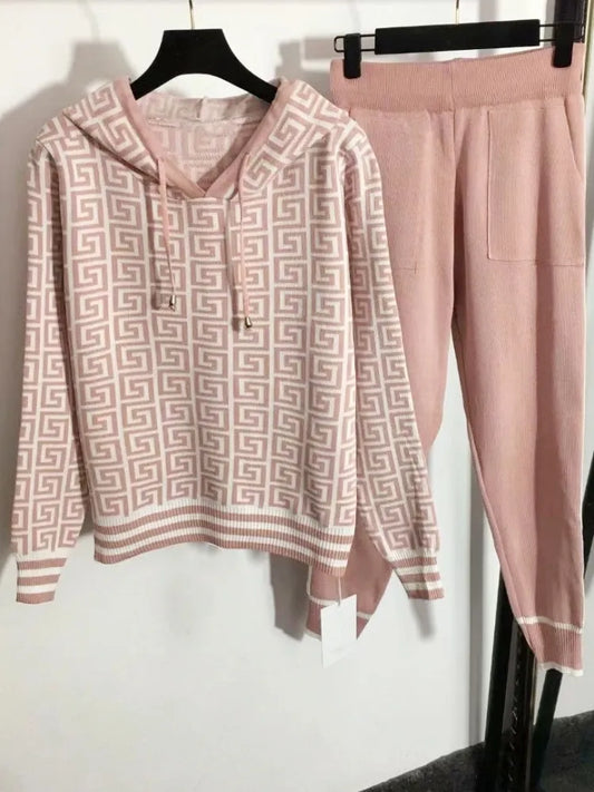 Geometric Jacquard Knitted Sweater Hoodie + Solid Pants Women's 2-Piece Set