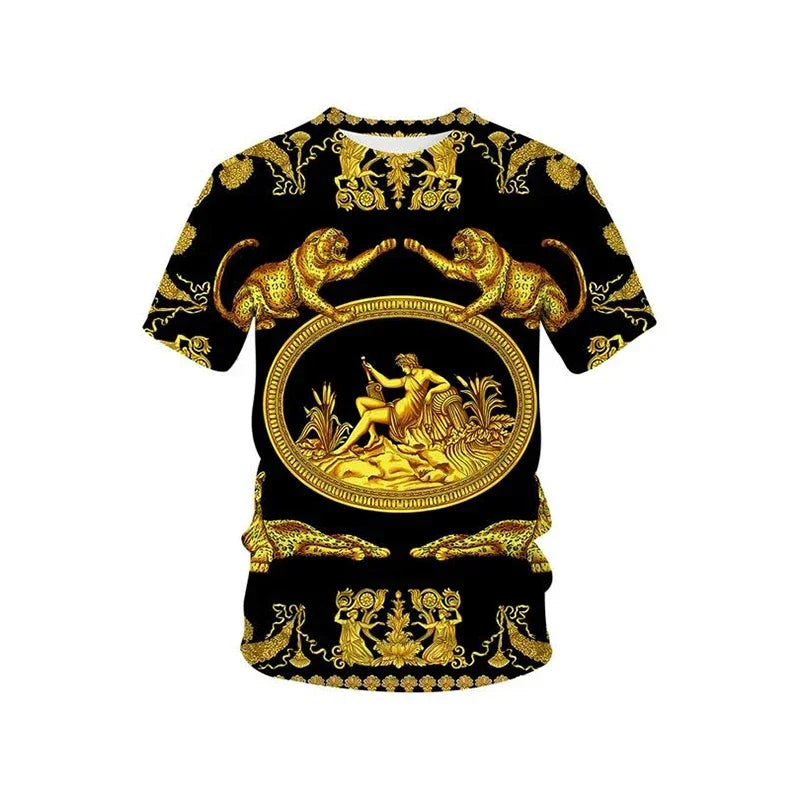 Baroque Roman Ornate Print O-Neck Short Sleeve T-Shirt