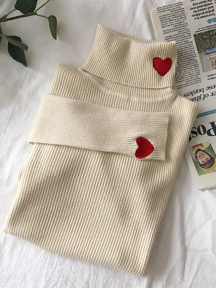 Heart Turtleneck Embroidered Knitted Women's Ribbed Pullover Sweater