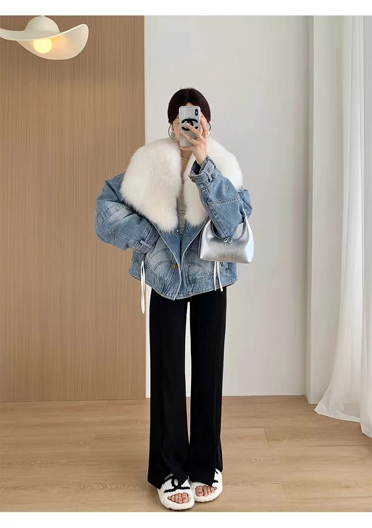 Denim Oversized 100% Real Fox Fur Collar Short Women's Goose Down Puffer Jean Jacket