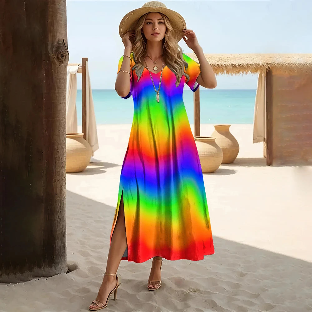 Striped Colorblock Rainbow Print V-Neck Short Sleeve High Slit Midi Sundress to 3X Plus Size