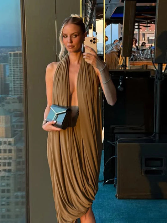 Brown Draped Sleeveless Backless Irregular Hem Solid Color Maxi Dress