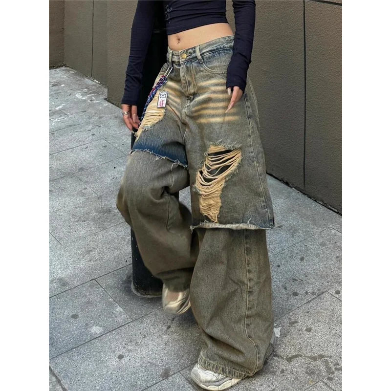 Tassel Fringe Ripped Irregular Patchwork Loose Y2K Hollow-Out Women's Baggy Denim Jeans