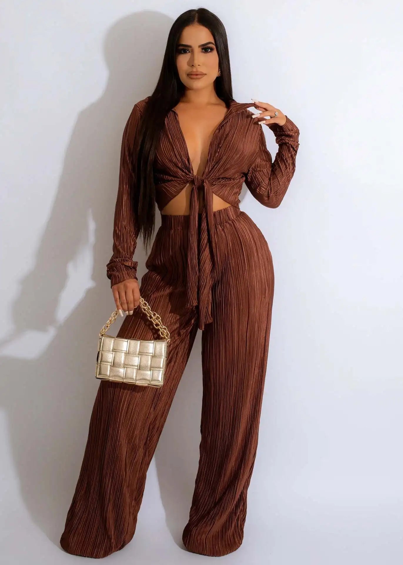 Pleated Solid Color Women's Lace-Up V-Neck Long Sleeve Crop Top + Wide Leg Pants 2-2-Piece Set