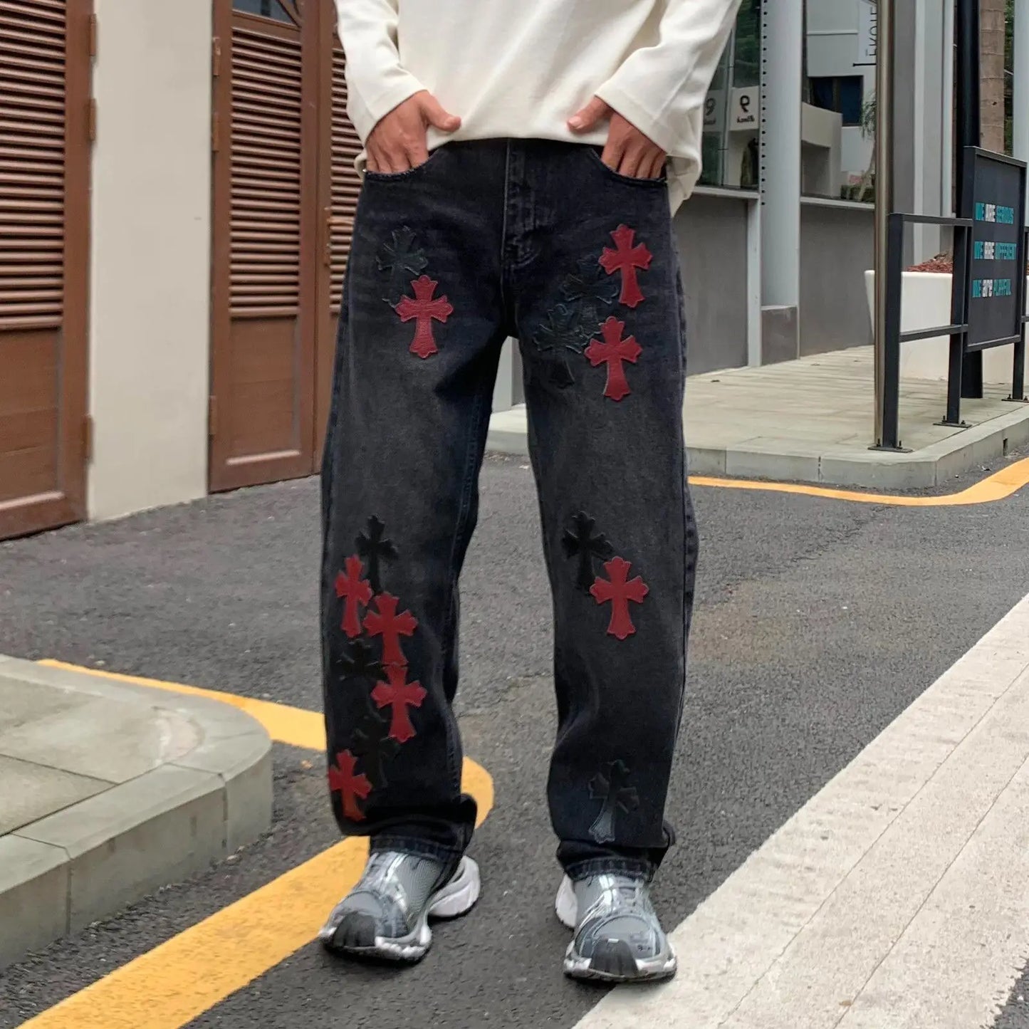 Men's Denim Black Cross Print Streetwear Mid-Rise Straight Leg Wide Leg Jeans