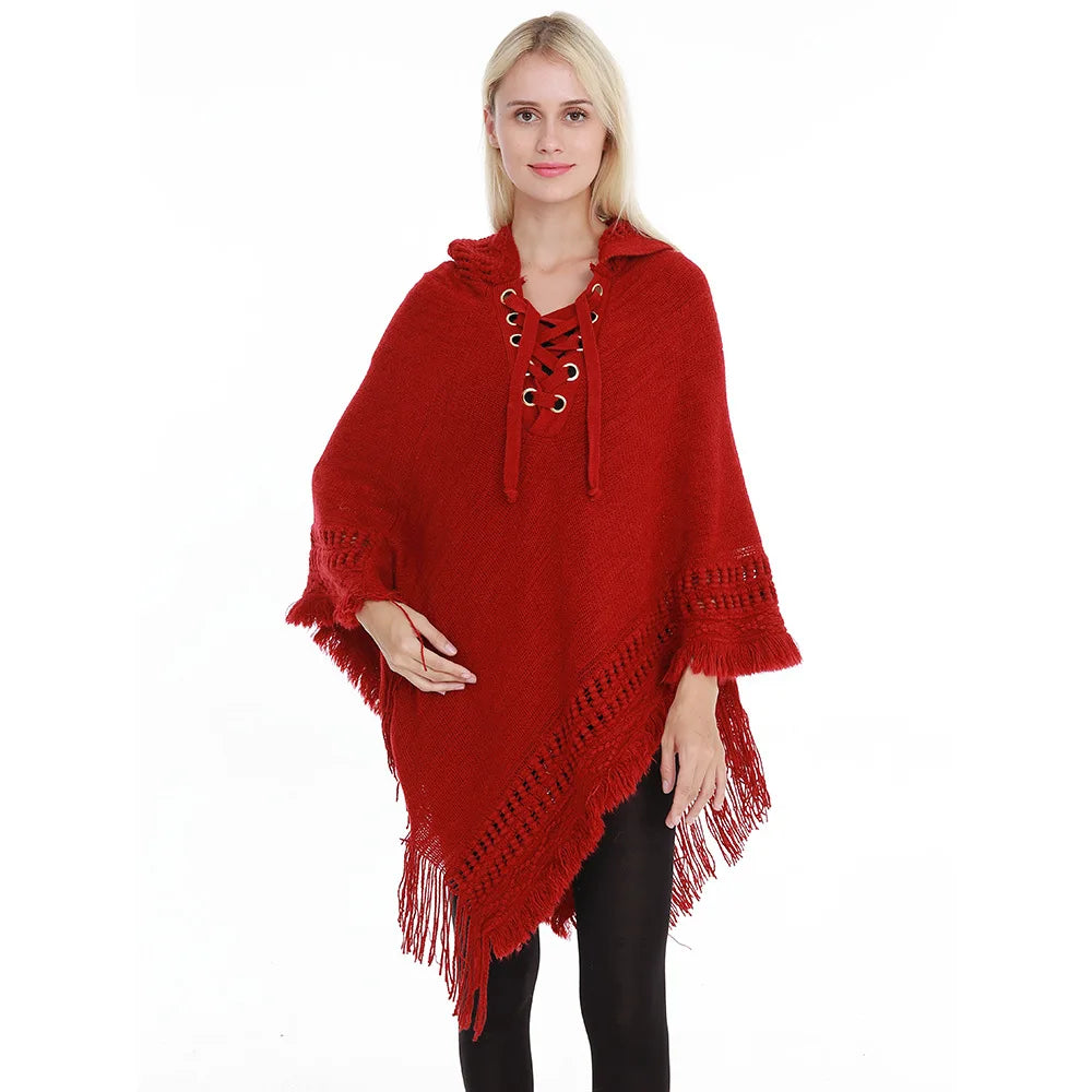 Fringe Tassel Women's Knitted Hooded Crochet Shawl Wrap Sweater