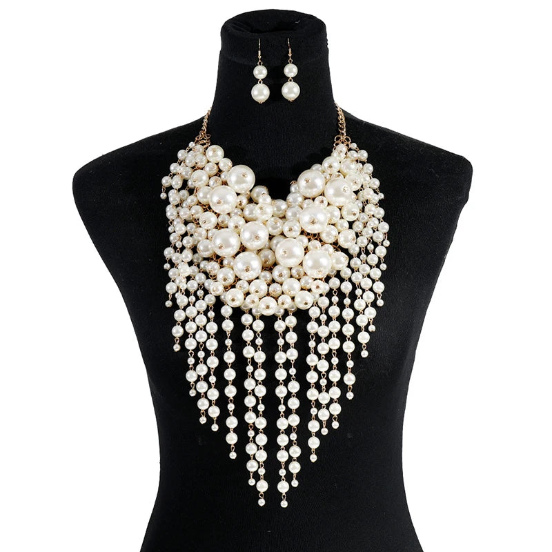 Handmade Exaggerated Multi Layer Pearl Pendant Top Beaded Tassel Necklace + Earrings 2-Piece Jewelry Set