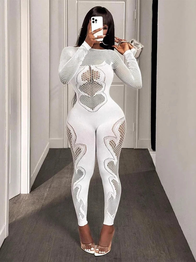 Sheer Mesh Long Sleeve Transparent Hollow-Out Body Stocking Jumpsuit