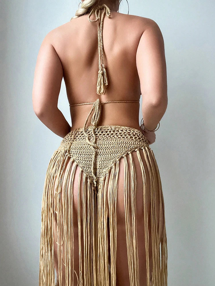 Floral Crochet Tassel Fringe Design Halter Neck Lace-Up Bikini Swimsuit + Matching Skirt Women's 2-Piece Swimsuit Cover-Up Set