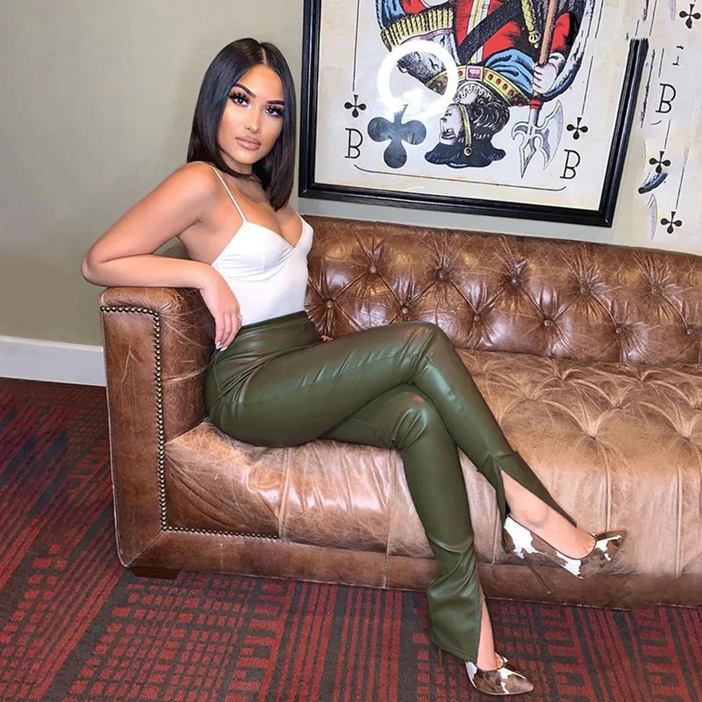 PU Leather Ruched Women's High Waist Solid Color Side Slit Bodycon Skinny Leggings