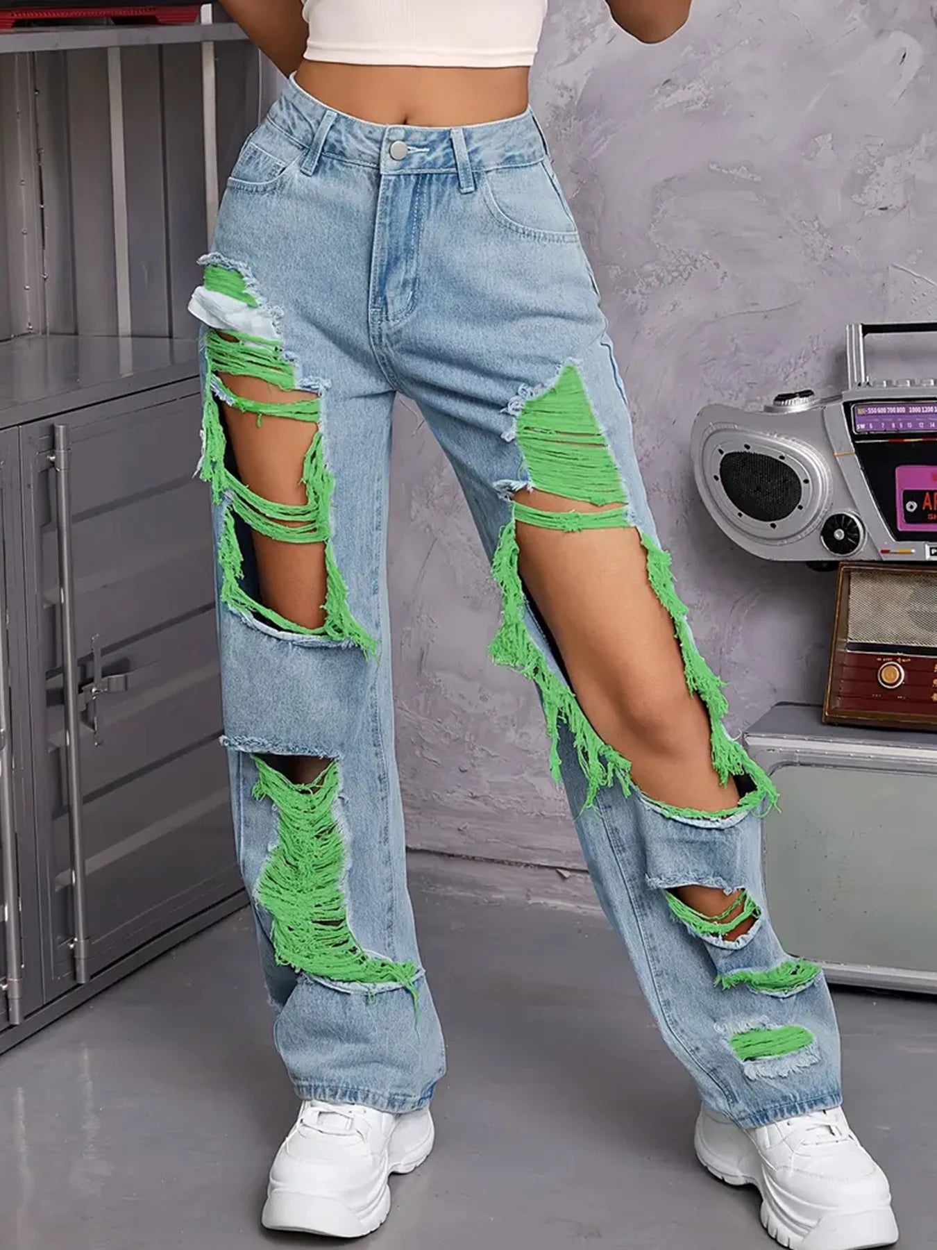 Ripped Denim Hollow-Out Washed Women's Baggy Hip-Hop Streetwear Jeans