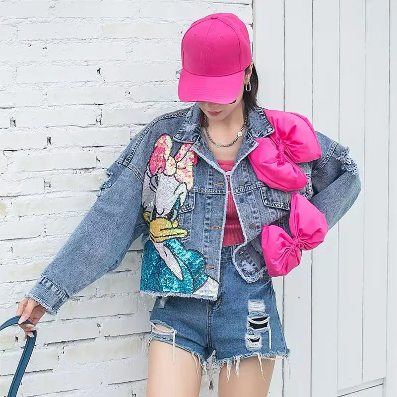 Denim Daffy Duck/Minnie Mouse Cartoon Print Big Pink/Red Bowknot Embroidered Women's Sequin Short Loose Jean Jacket