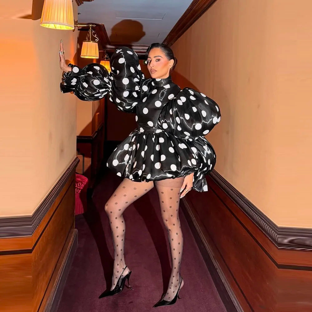 Satin Polka Dot Print Long Puff Sleeve Mini Party Bubble Dress