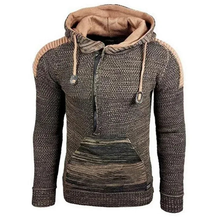 Men's Colorblock Wool Hip-Hop Patchwork Letter Print Drawstring High Neck Long Sleeve Knitted Pullover Pocketed Hoodie Sweater