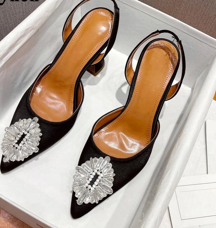 Silk Crystal Pendant Design Low Heel Slingback Mule Pumps