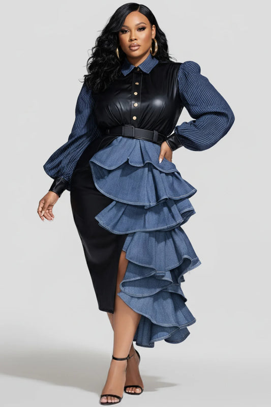 Irregular Black PU Leather Top Ruffled Blue Denim Pinstriped Turn-Down Collar Long Sleeve Formal Party Dress to 5X Plus Size