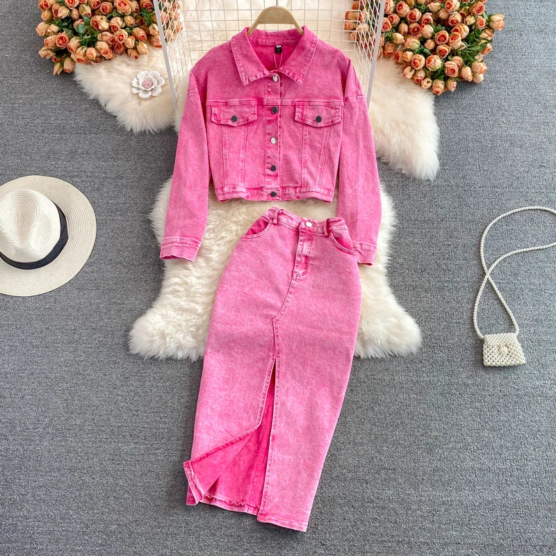 Pink Denim Single Breasted  Washed Jean Jacket + High Back.Slit Maxi Jean Skirt 2-Piece Set