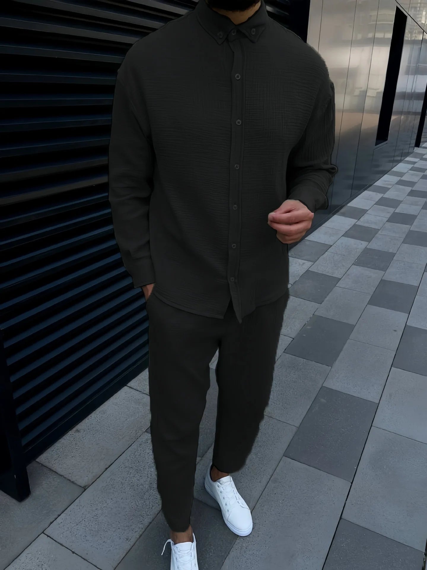 Men's Solid Color Long Sleeve Button Down Turn-Down Collar Shirt + Drawstring Pants 2-Piece Set