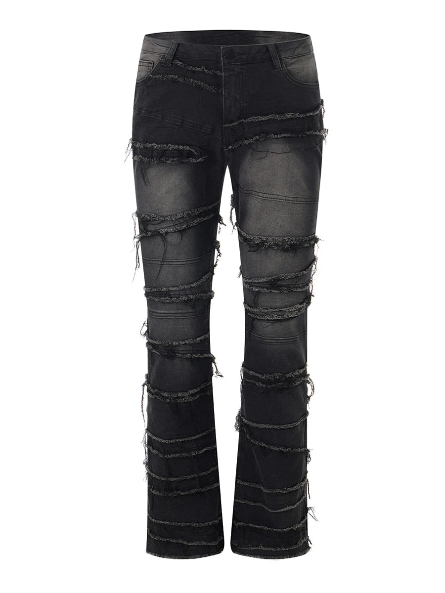 Men's Denim Black Monkey Washed Tiered Tassel Fringe Design Pull-On Raw Trim Pockets Straight Leg Jeans