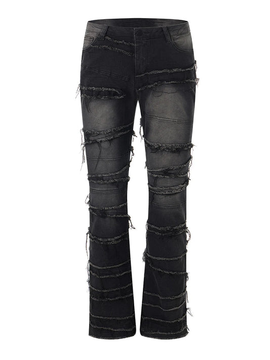 Men's Denim Black Monkey Washed Tiered Tassel Fringe Design Pull-On Raw Trim Pockets Straight Leg Jeans