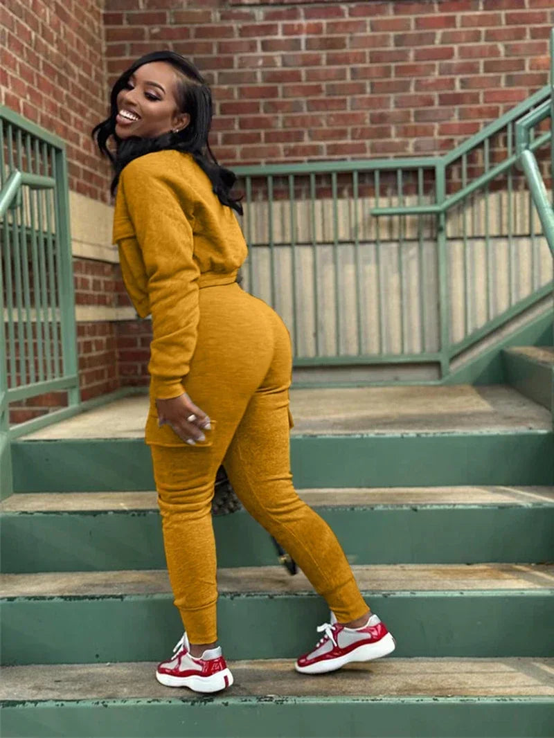 Streetwear Women's Solid Cropped Zipper Jacket + Drawstring Cargo Sweatpants Tracksuit