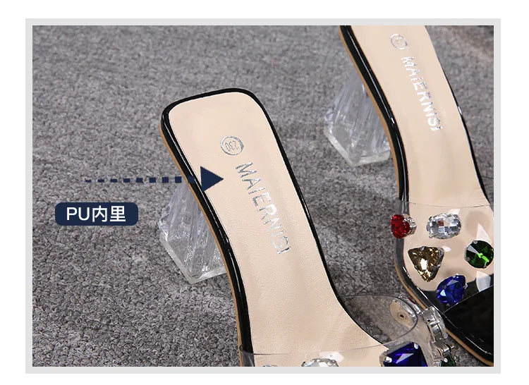 PVC Transparent Clear Crystal Rainbow Rhinestone Embellished Open Toe Low Heel Women's Sandals