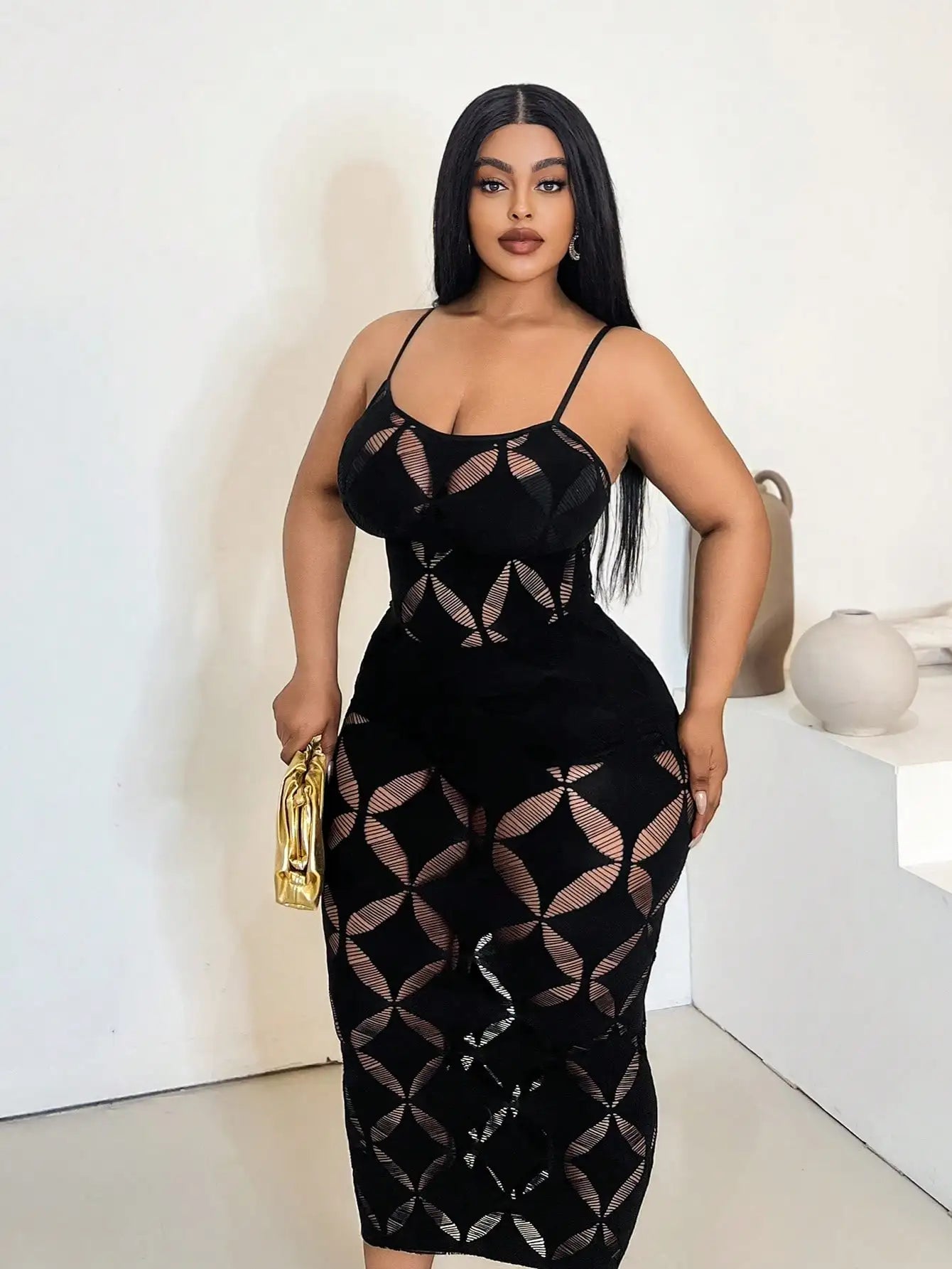 Mesh Sleeveless Black Geometric Hollow-Out Pattern Spaghetti Strap Maxi Plus Size Dress