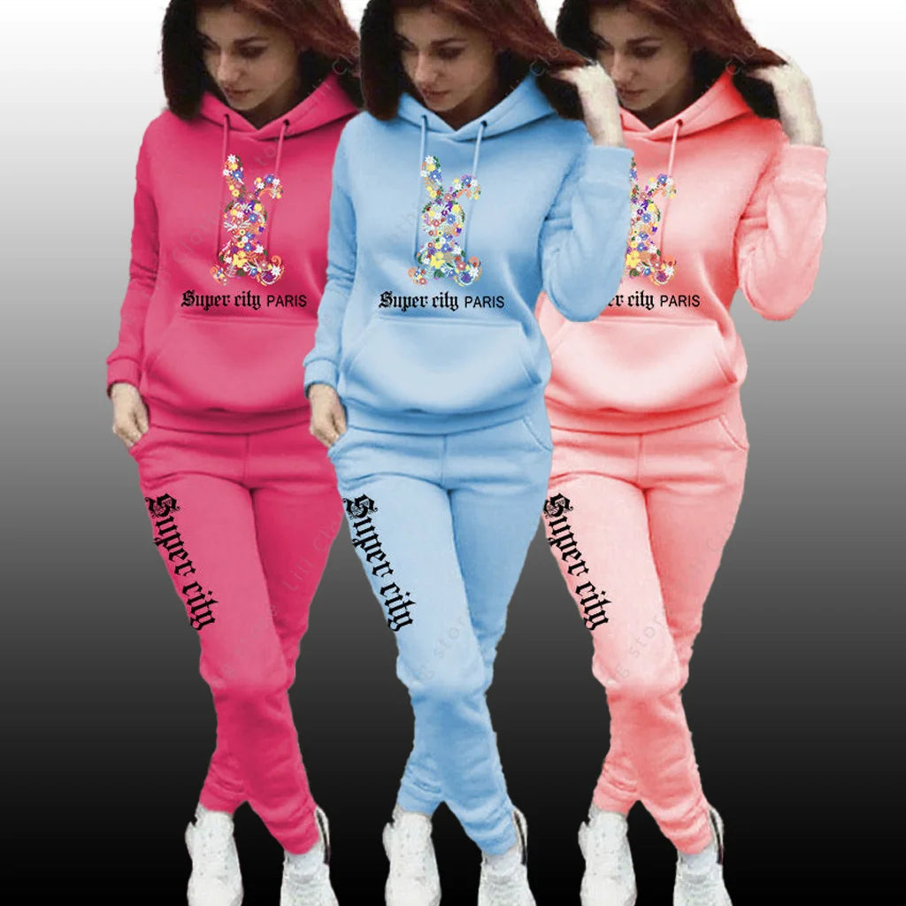 Hip-Hop Rainbow Bunny Rabbit Print Long Sleeve Hoodie Sweatshirt + Women's Jogger Sweatpants Tracksuit to 3X Plus Size