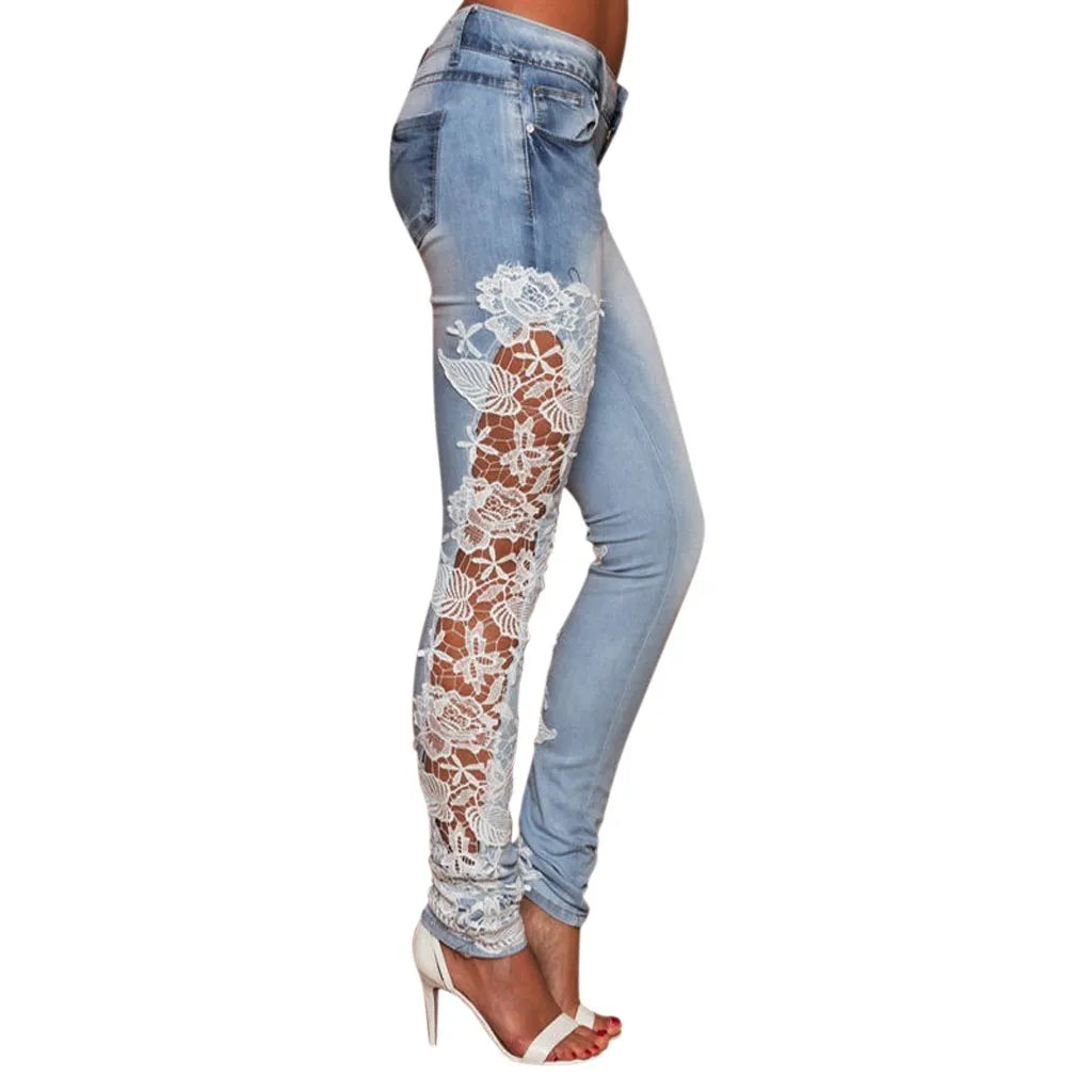 Lace Flower Design Streetwear Denim Lace Hollow-Out Skinny Ladies Jeans to 3X