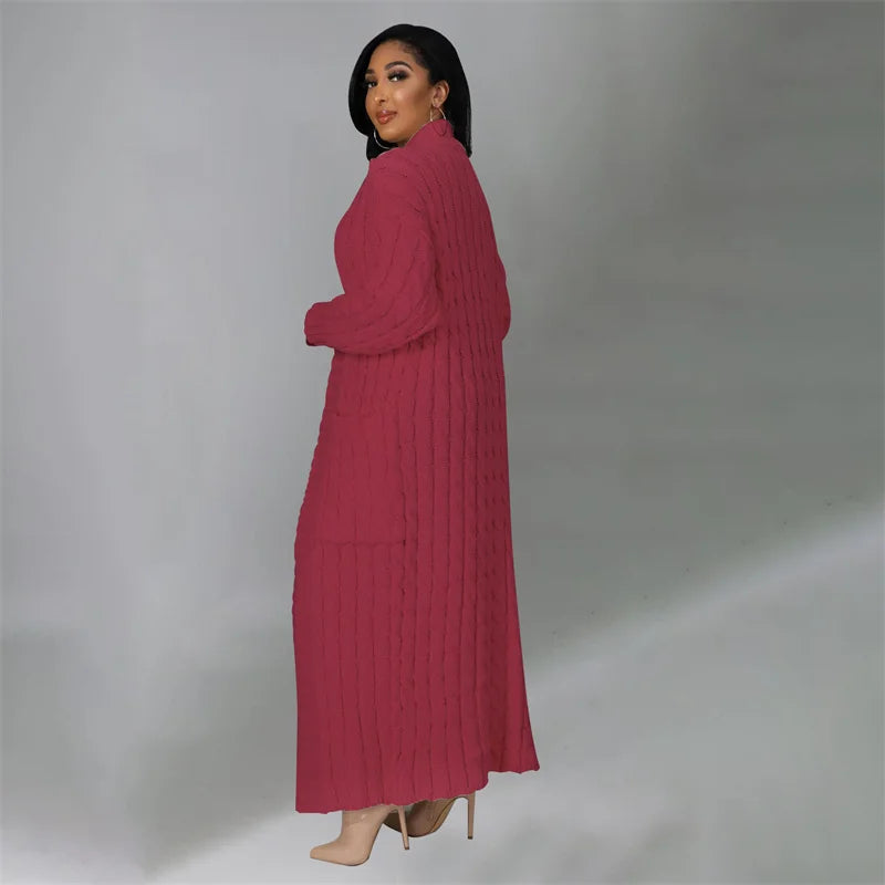 Knitted Weave Pattern Ribbed Maxi Cardigan Sweater