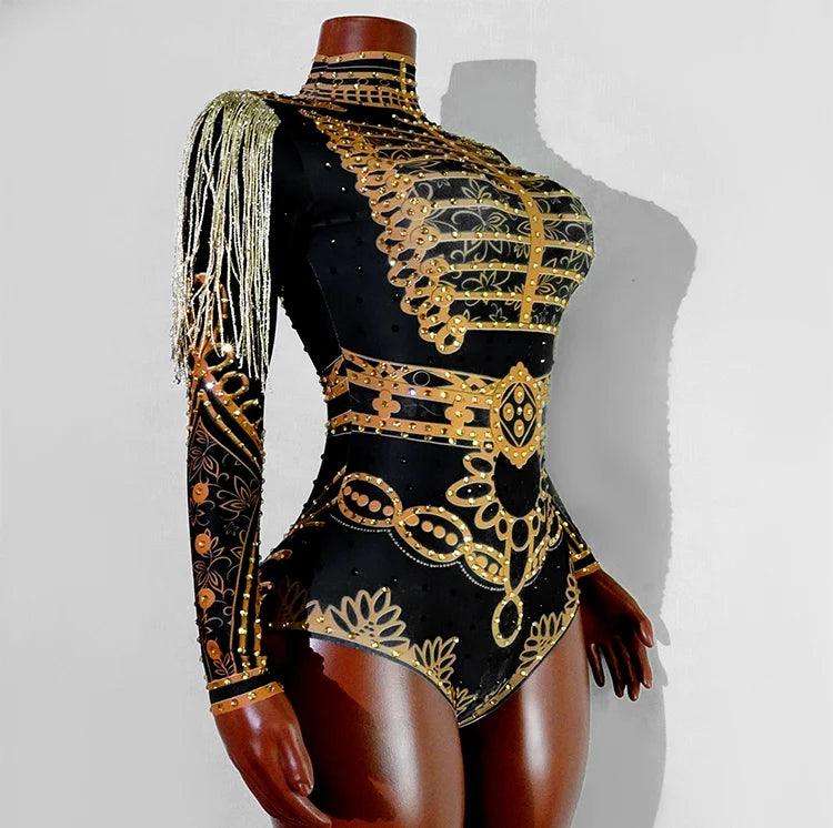 Luxury Rhinestone Fringe Bodysuit Sparkly Sequin Leotard Women Stage Performance Wear Drag Queen Costume Nightclub GOGO Dance Ou