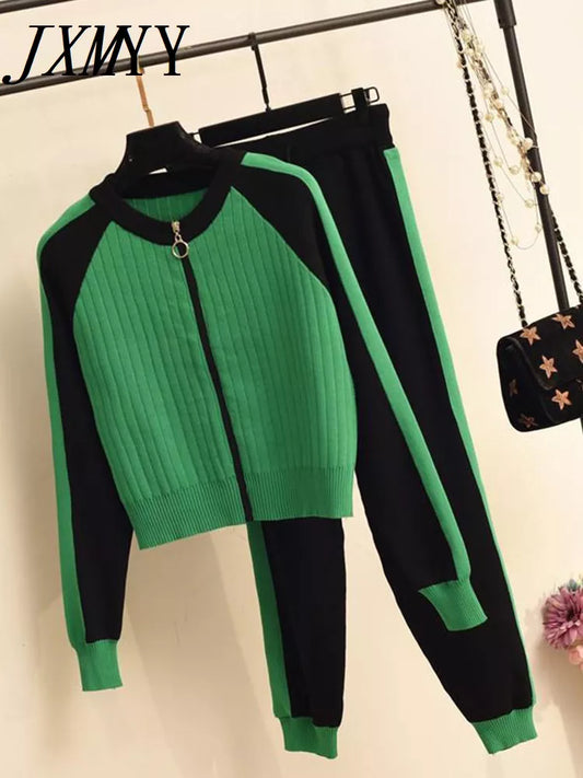 Ladies Colorblock Zipper Cardigan Jacket Top + Knitted Pants 2-Piece Set