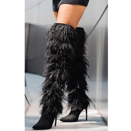 Silk Women's Feather Faux Fur Tassel Strap Bandage Over-the-Knee Thin High Heel Riding Boots