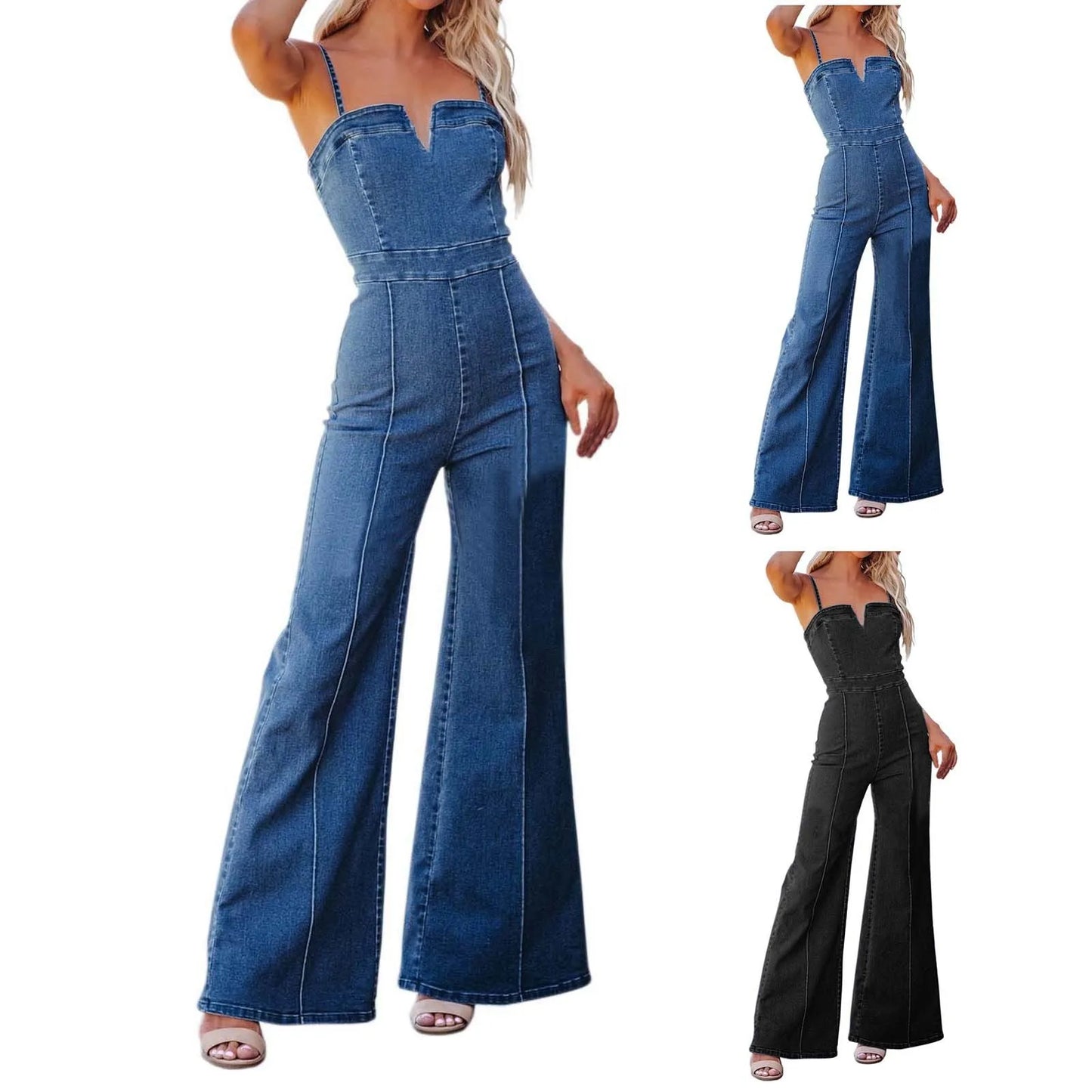 Streetwear Denim Black/Blue Spaghetti Strap Flared Jean Backless Zipper Up Skinny Overall Jumpsuit