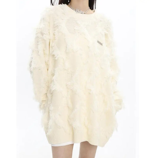 Oversized Fringe Tassel Design Knitted Women's Streetwear Loose Pullover Loose Sweater