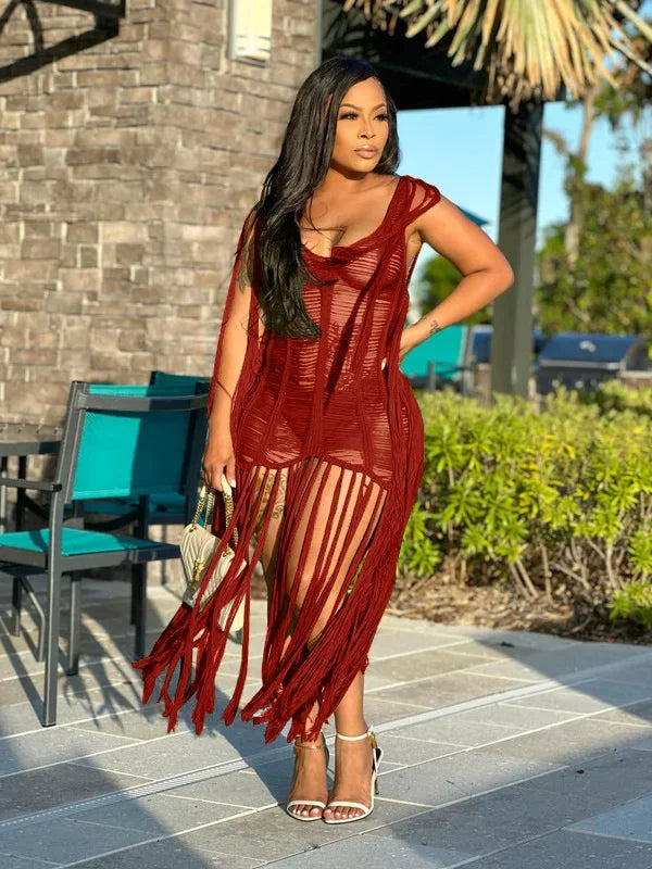 Crochet Knitted Ribbed Hollow-Out Tassel Fringe Hem Sleeveless Beach Maxi Swimsuit Cover-Up Dress