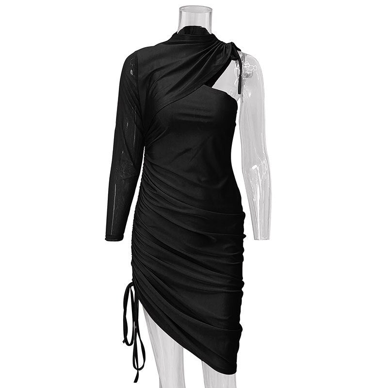 One Shoulder Drawstring Ruched Bodycon Solid Long Sleeve Dress